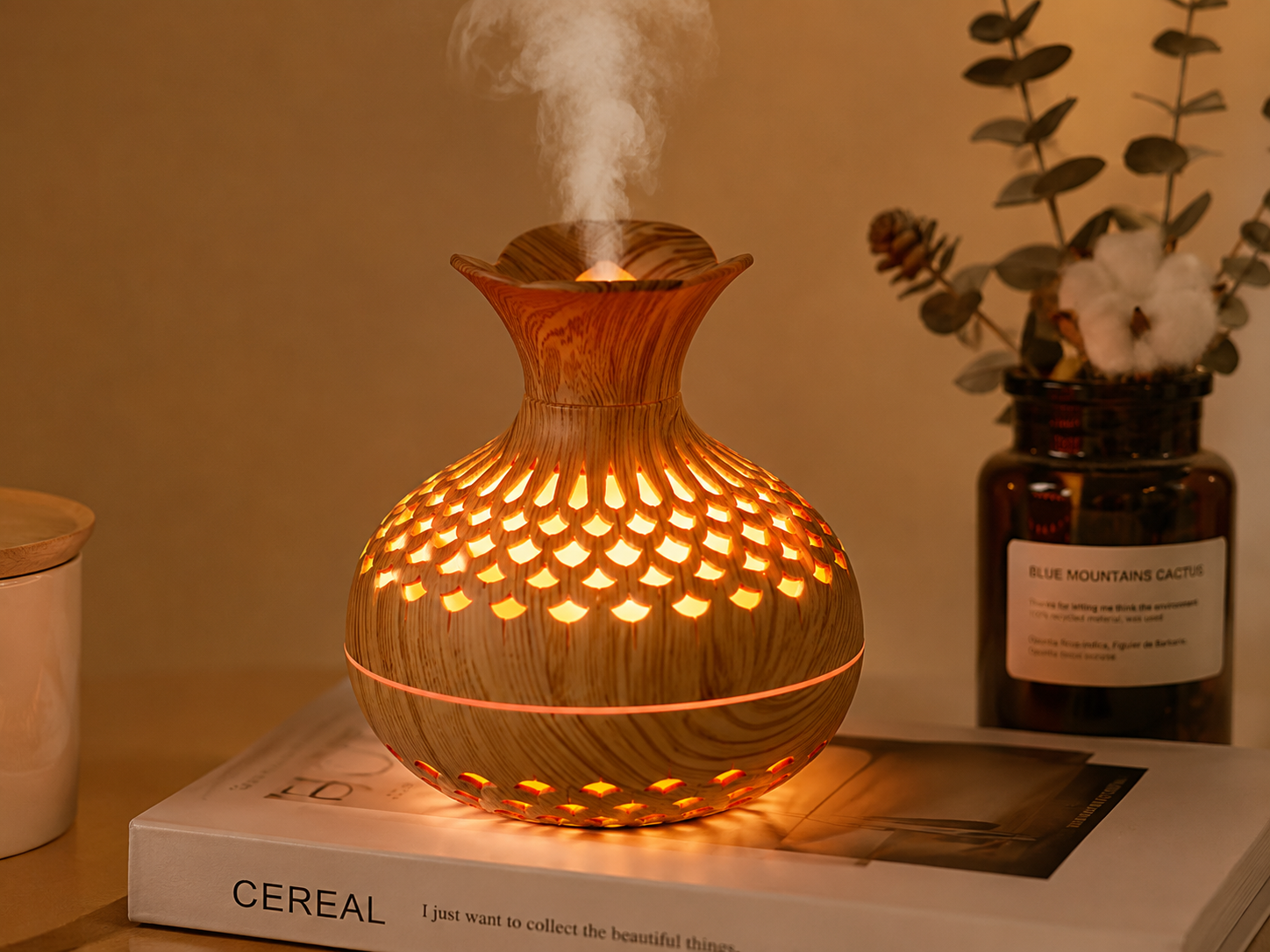 Wood Vase Aroma Diffuser – Ultrasonic Essential Oil Humidifier with LED Light