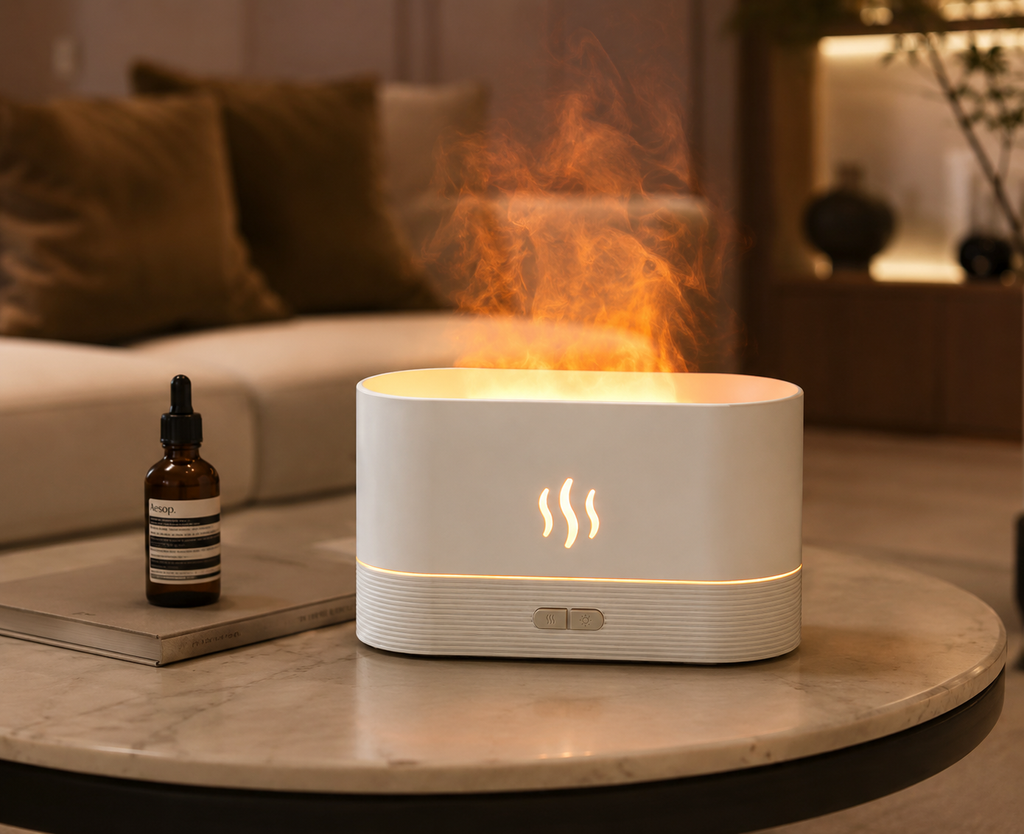 USB Flame Aroma Diffuser Desktop Humidifier with 7-Color Light
